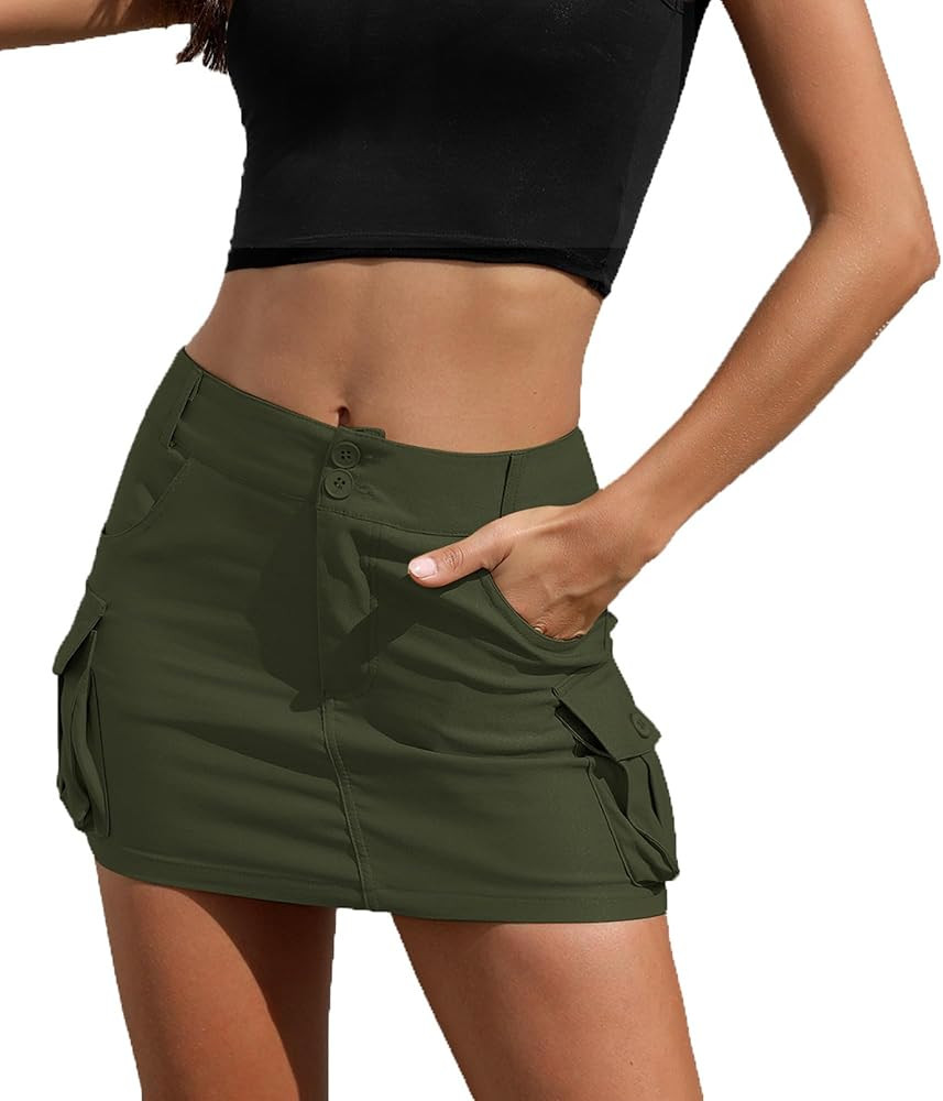 Womens Cargo Skirt Y2k Low Waist Button Bodycon Denim Mini Skirt with Flap Pockets | Amazon (US)