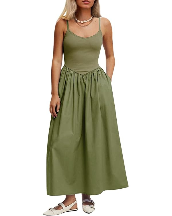 Women’s Sleeveless V-Neck Maxi Dress with Pockets – Slim Fit Casual Summer Spaghetti Strap Dr... | Amazon (US)