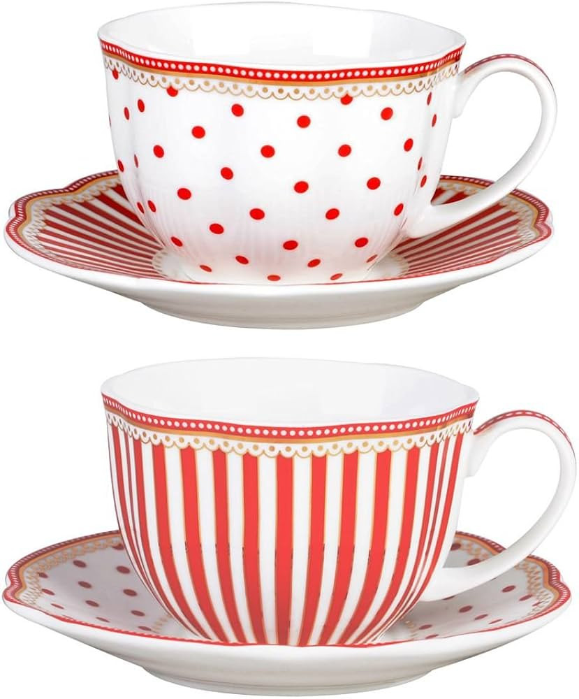 Red Dot Stripes Scallop 9-Ounce Porcelain Tea/Coffee Cup and Saucer, Set of 2 (G1960264RD-2) | Amazon (US)