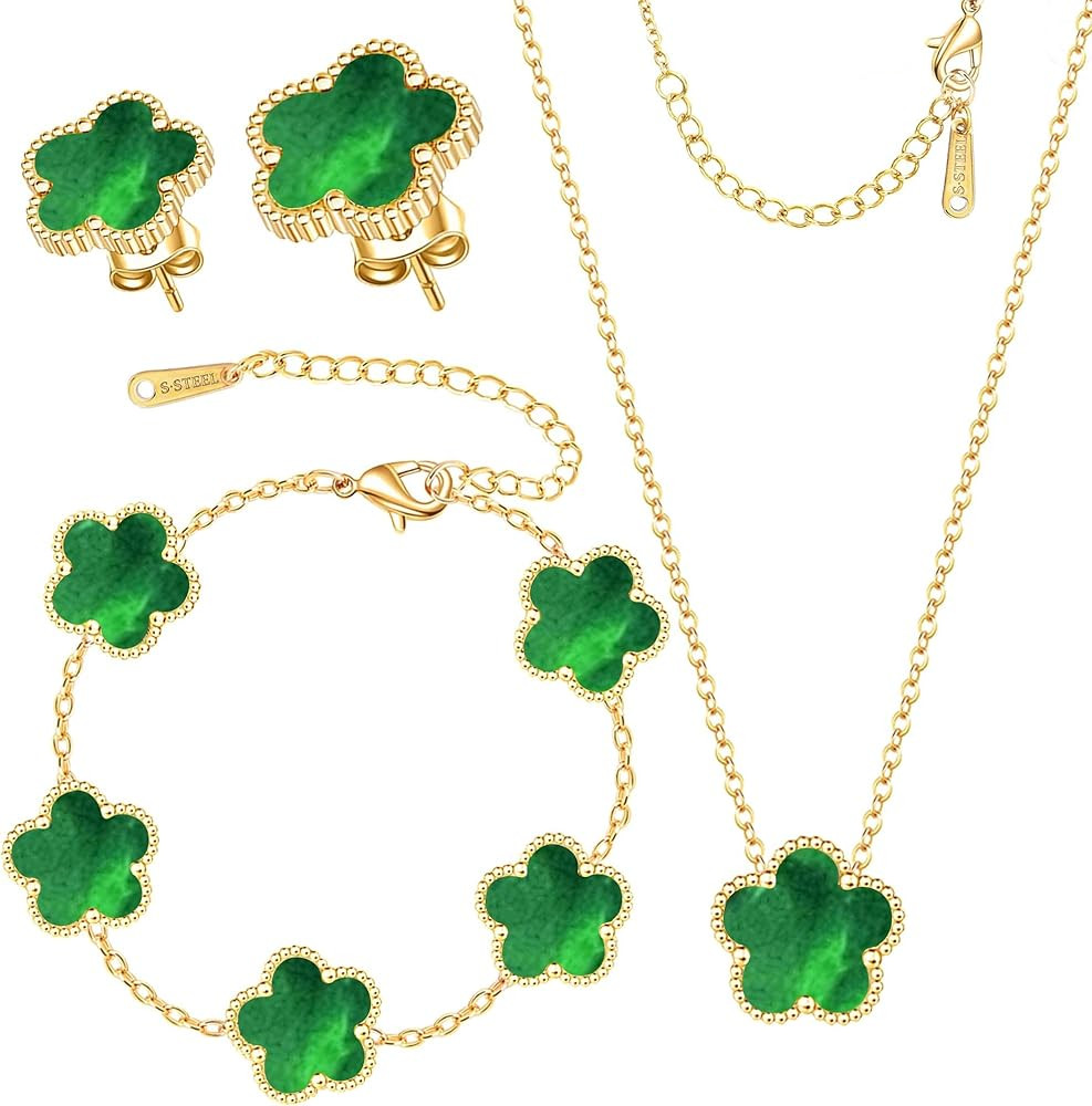 Clover Jewelry Set 3 PC - 18K Gold Plated Stainless Steel Y Necklace Four Leaf Pendant, Clover Li... | Amazon (US)