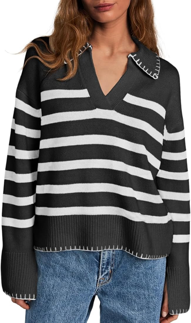 Saodimallsu Women's Striped Sweaters V Neck Collared 2024 Fall Trendy Knit Long Sleeve Loose Pull... | Amazon (US)