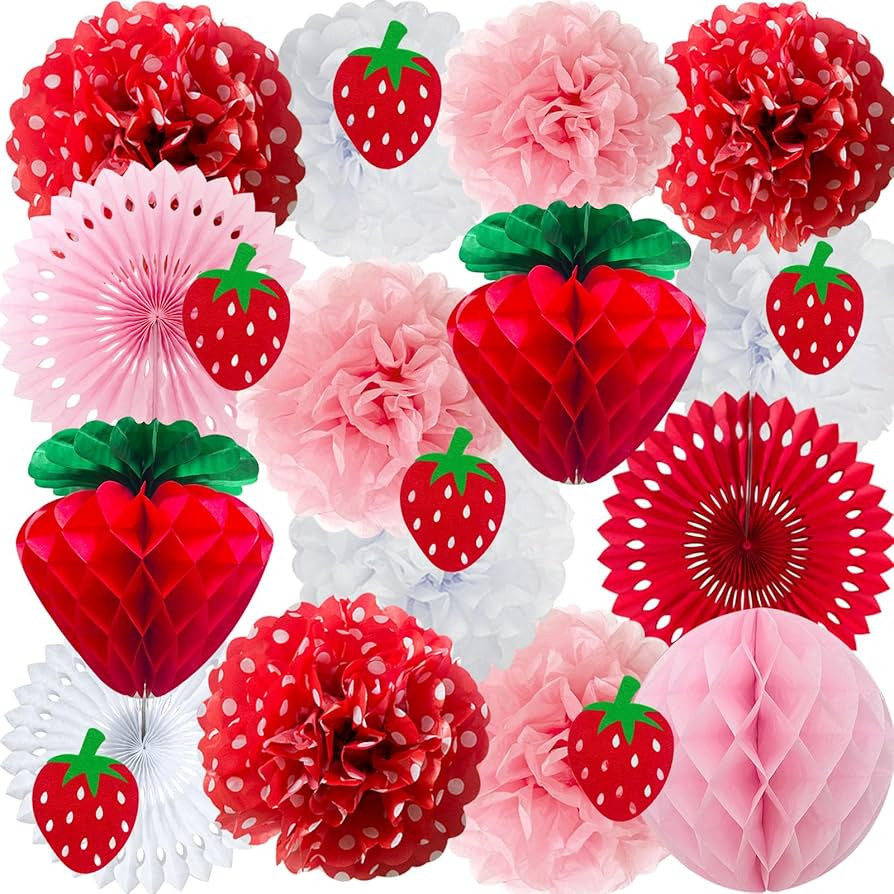 ANSOMO Strawberry Party Decorations Red Pink White Tissue Pom Poms Fans Honeycom Balls Lanterns G... | Amazon (US)