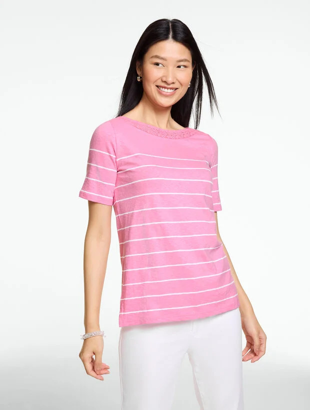 Crochet Trim Bateau Neck Tee - Stripe | Talbots