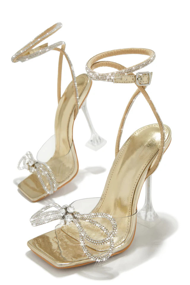Miss Lola | Amaria Gold Embellished Bow Strap High Heels | MISS LOLA