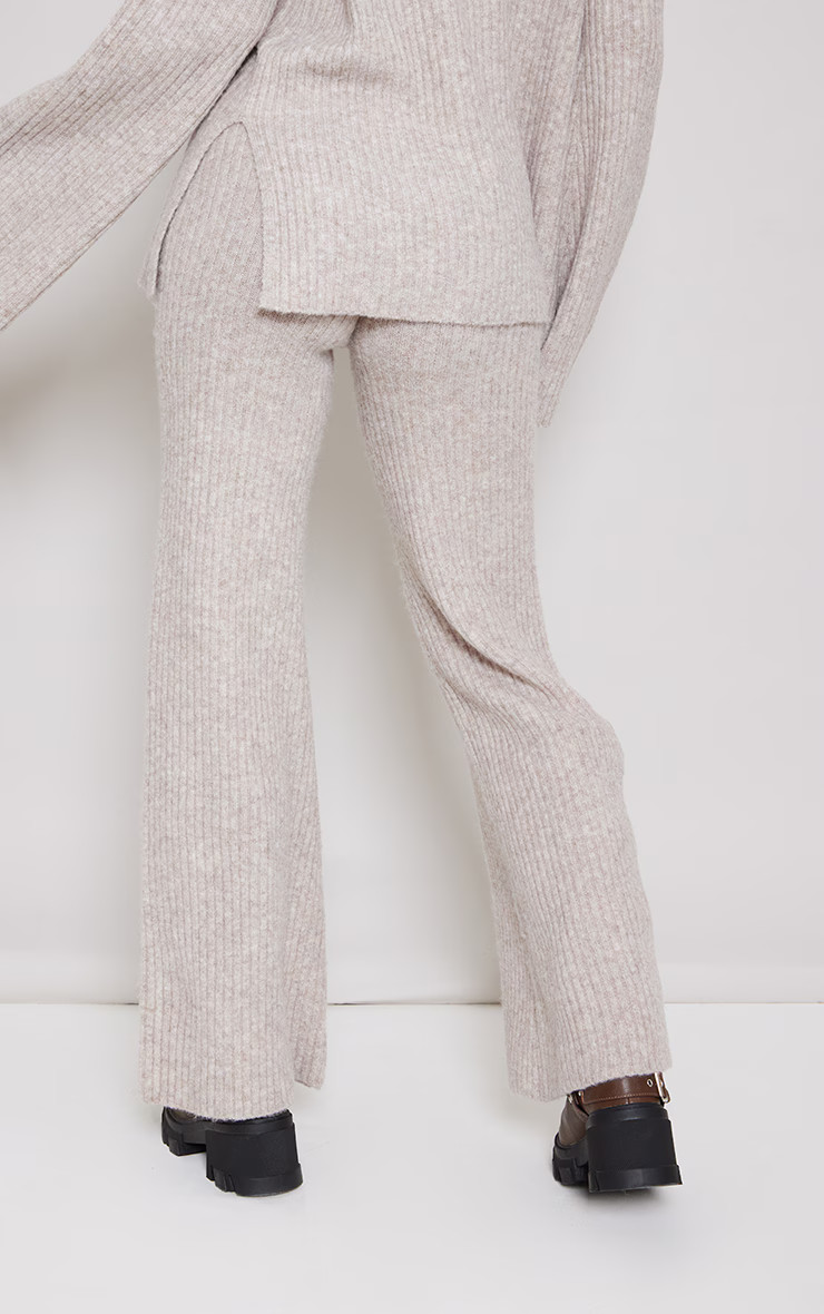 Tall Light Brown Luxe Rib Knit Wide Leg Trousers | PrettyLittleThing UK