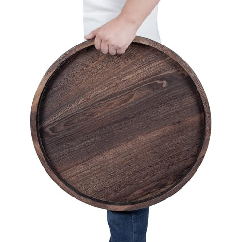 Round Ottoman Tray for Coffee Table Living Room Wood Serving Tray Large Wooden 20 Inches Rustic Brown | Amazon (US)