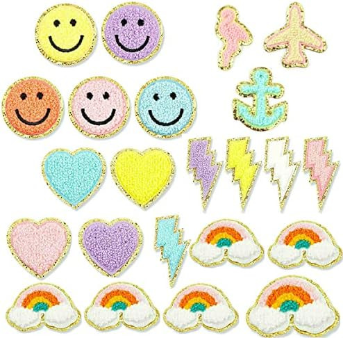 23pcs 3D Iron On Patches-Chenille Smiley Sew Iron on Embroidered Patches Applique Patches Rainbow He | Amazon (US)