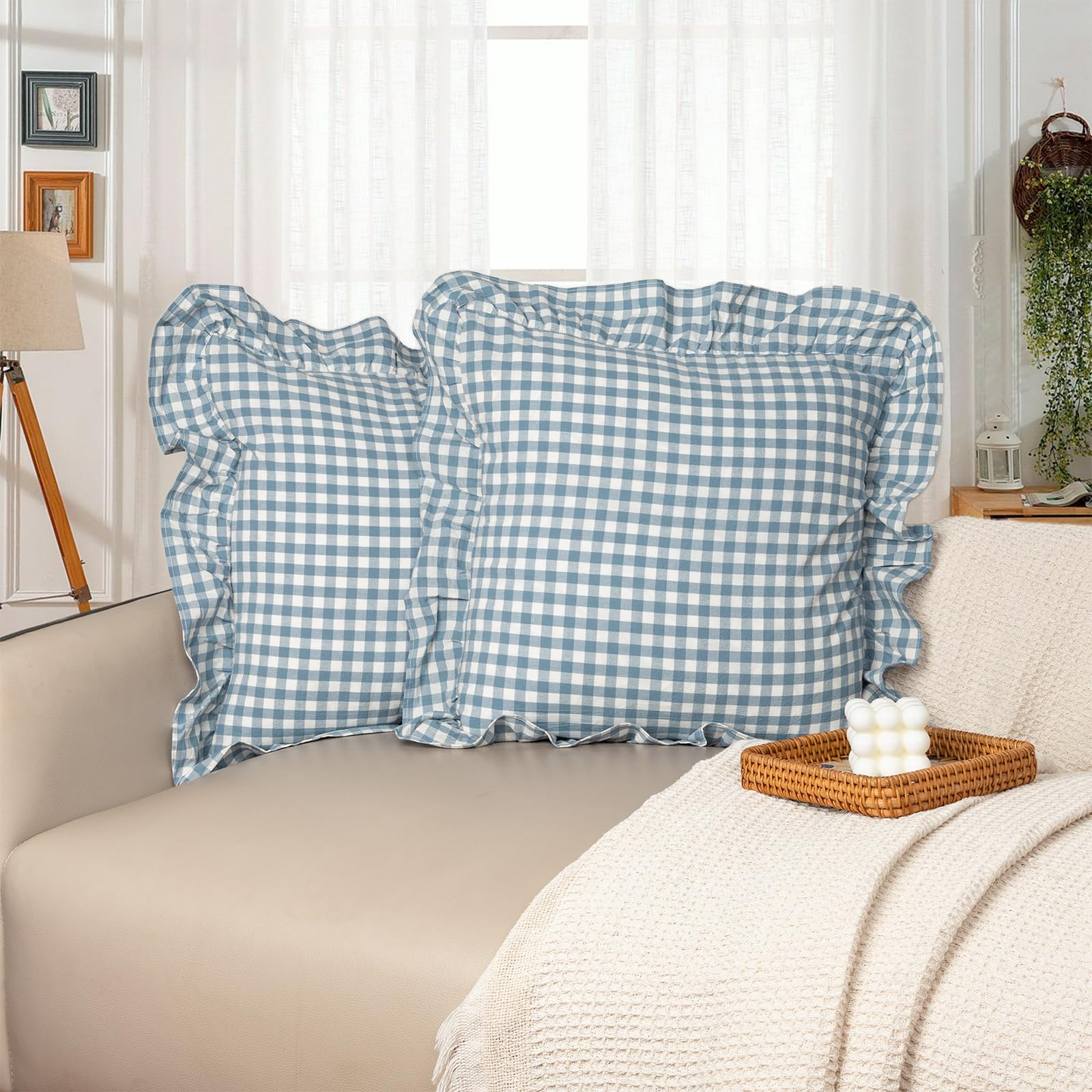 JoraLion 18"x18" Throw Pillow Covers, Smoke Blue Scalloped Cotton Plaid Gingham Ruffle Decor Pill... | Amazon (US)