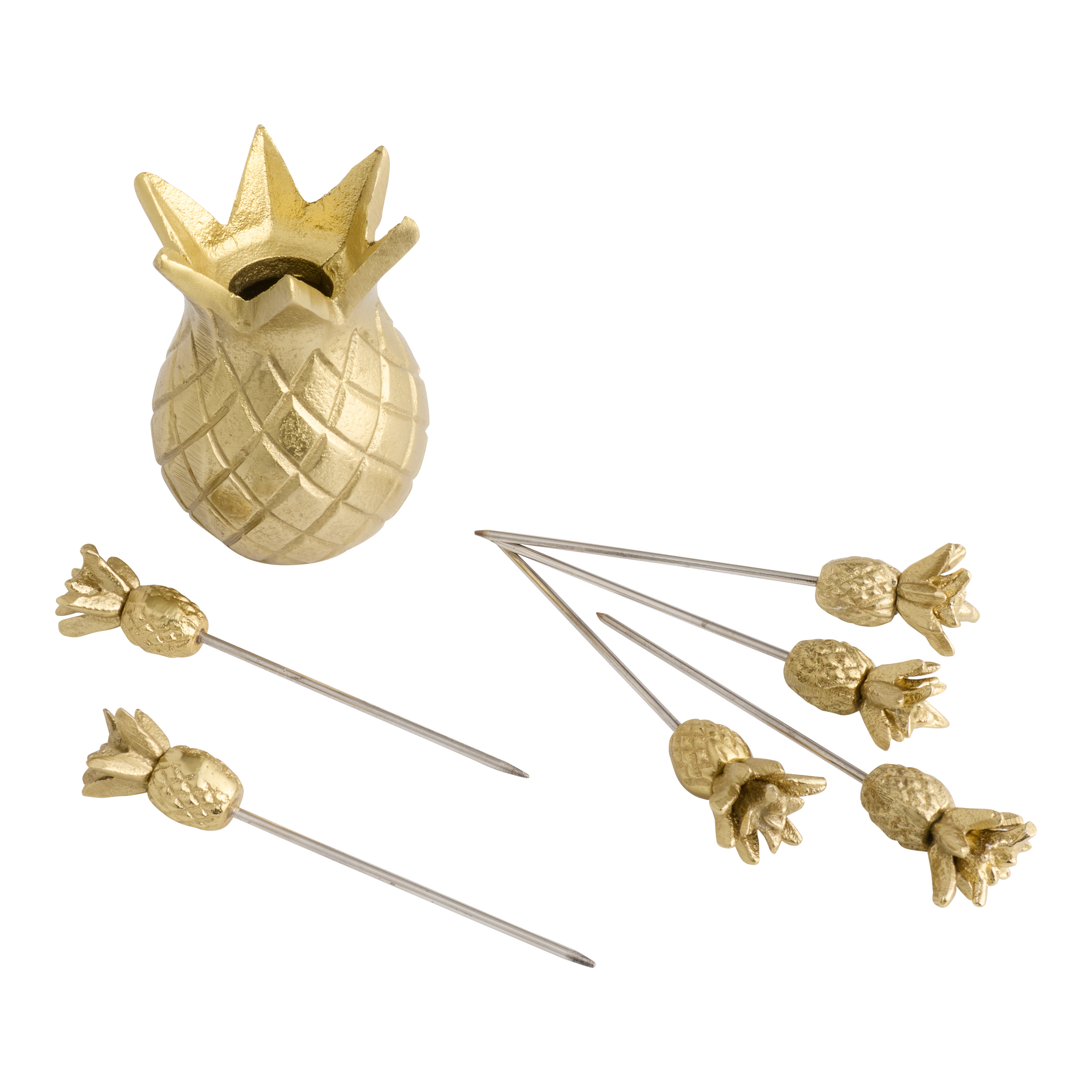 Matte Gold Metal Pineapple Figural Cocktail Pick and Holder Set | World Market