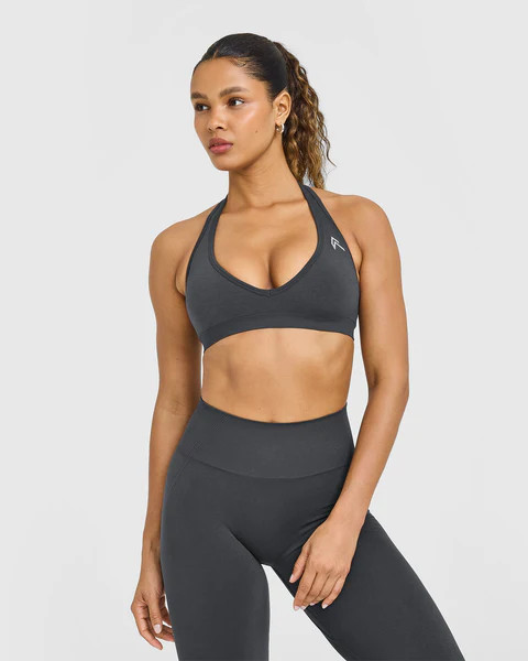 EffortlessLift\u2122 Seamless Halter Neck Sports Bra with White Logo 
 Coal | Oner Active (UK / US)