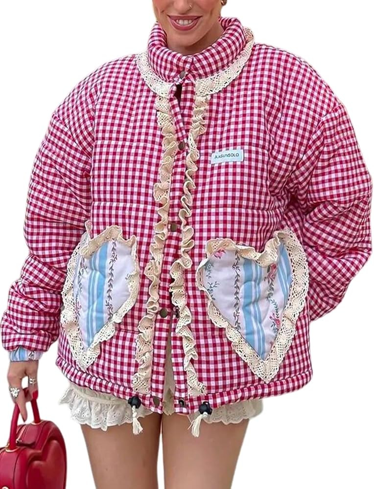 Wyeysyt Women's Cropped Puffer Jacket Winter Gingham Snap Plaid Short Padded Coats with Pockets | Amazon (US)