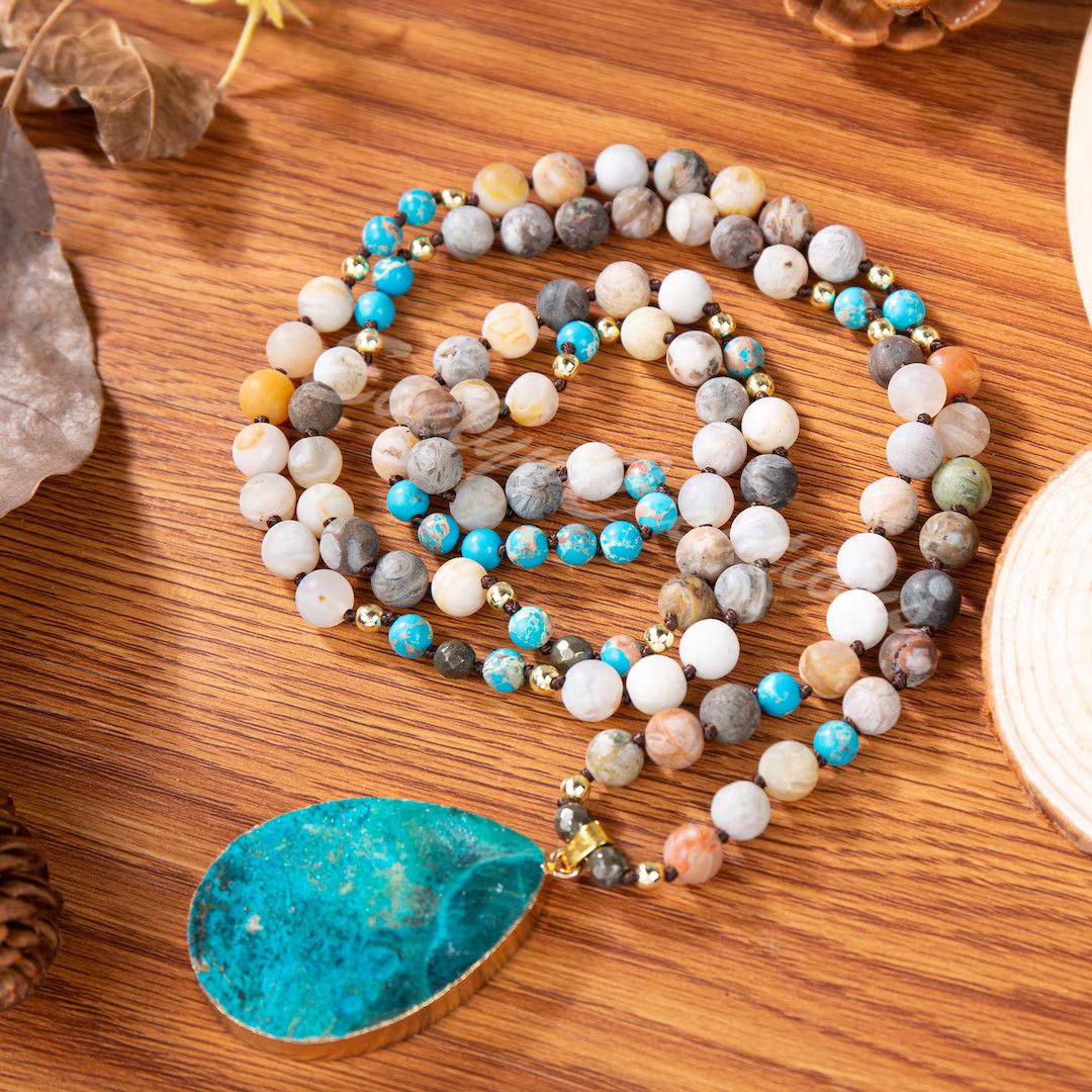 Raw Stone Pendant Necklace-Mala Prayer Beads Necklace-Natural Amazonite Stone Necklace-Healing Ge... | Etsy (US)