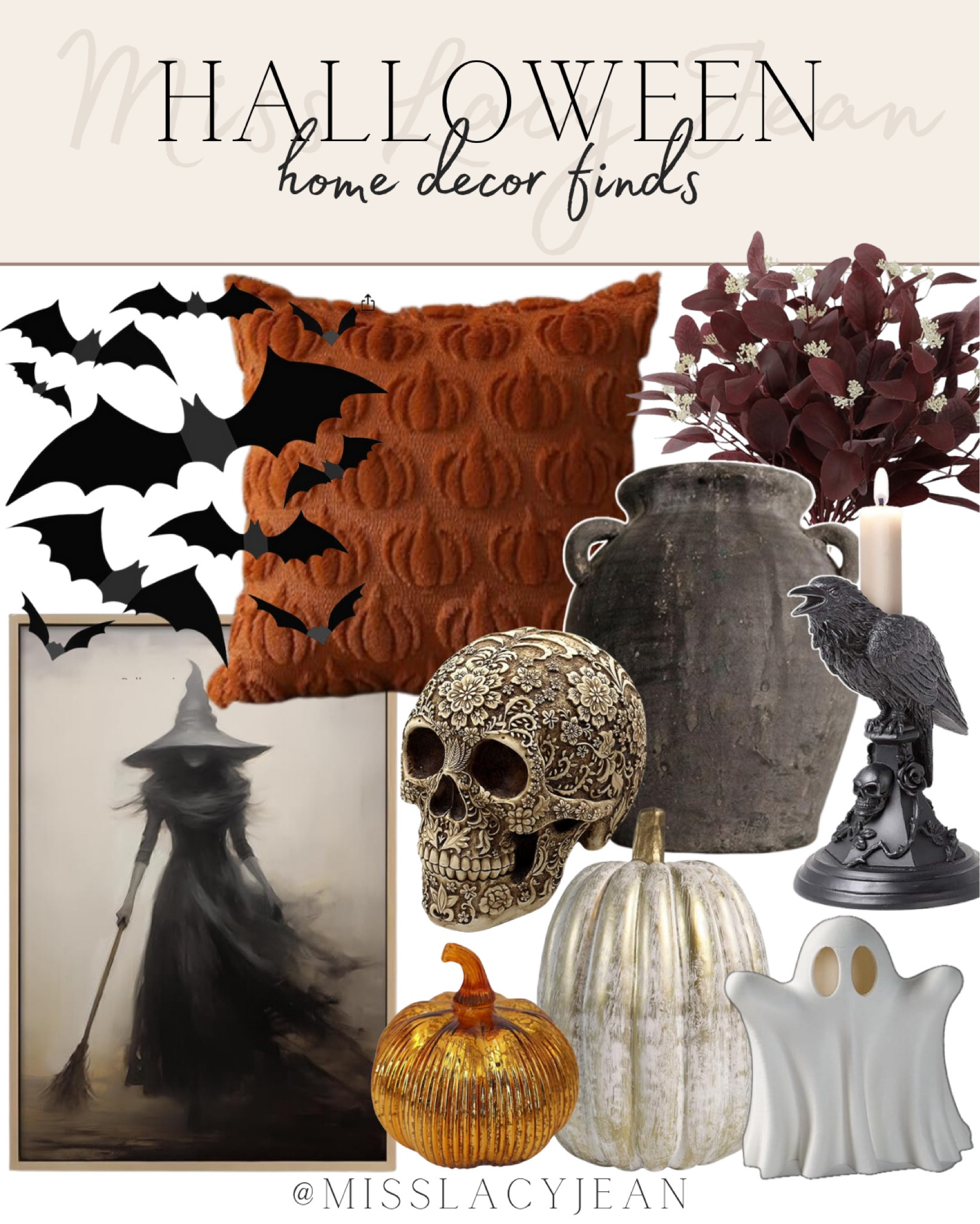 Halloween decor includes throw pillow, black vase, dark stems, crow candle holder, skull decor, witch wall art, glass pumpkin decor, ceramic ghost decor, bat decorations.

Home decor, Halloween decor, Amazon finds, holiday decor

#LTKSeasonal #LTKFindsUnder50 #LTKHome