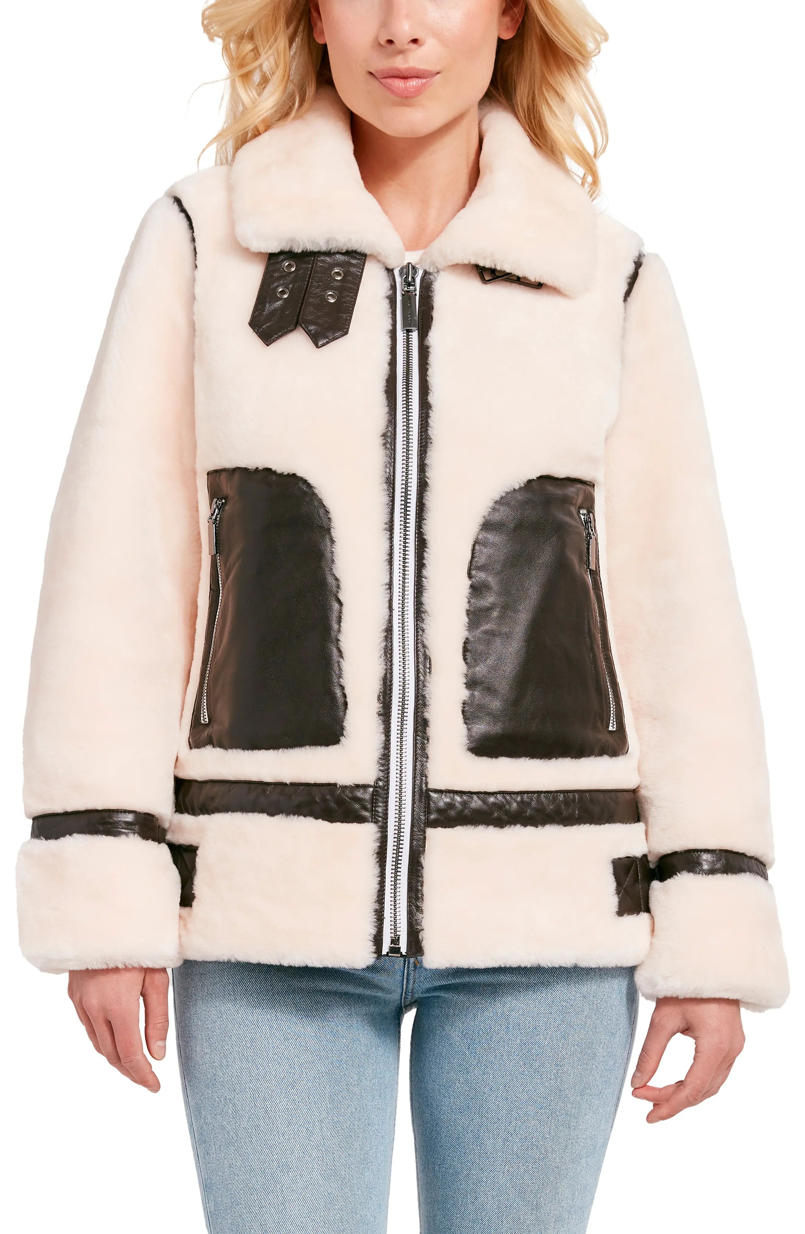 Dawn Levy Sally Genuine Shearling & Leather Jacket, Size Small in Cream at Nordstrom | Nordstrom
