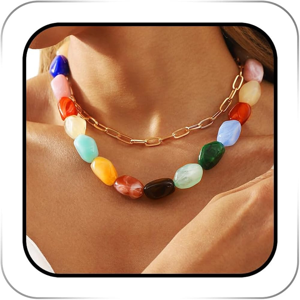 ACEDRE Colorful Statement Gemstone Necklace Chunky Layered Beaded Choker for Women | Amazon (US)