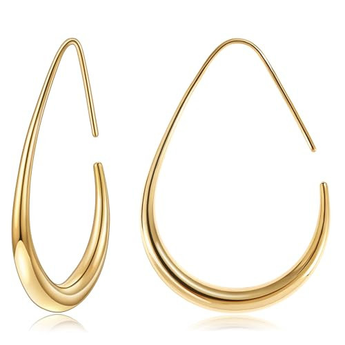 Gacimy 14K Gold Plated Teardrop Hoop Earrings for Women, 14K Gold Plated Oval Pull Through Hoop Earrings for Women 30mm | Amazon (US)