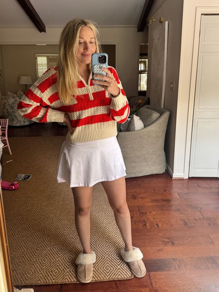 Just boppin’ around the house doing chores today  Wearing small in tennis skirt. Sized up in this target sweater and slippers are on sale today for under $18! 