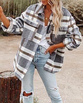 Women's Brushed Plaid Shirts Long Sleeve Flannel Lapel Button Down Pocketed Shacket Jacket Coats | Amazon (US)