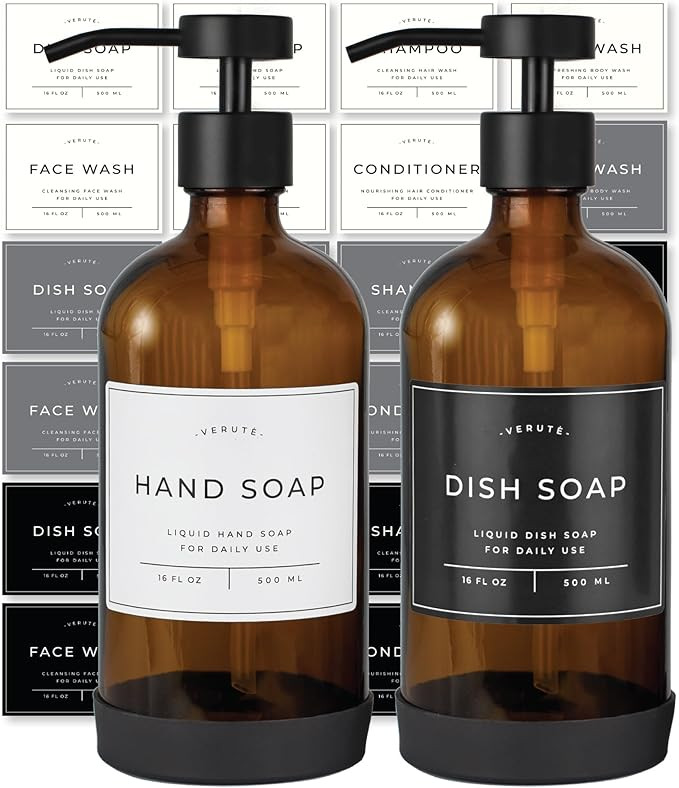 Verute 16oz Glass Soap Dispenser with Stainless Steel Pump, 21 Waterproof Labels, Non-Slip Protec... | Amazon (US)