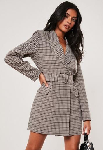 Missguided - Brown Plaid Buckle Blazer Dress | Missguided (US & CA)