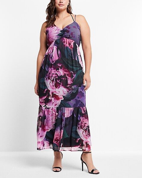 Floral Print V-Neck Strappy Tiered Ruffle Maxi Dress | Express