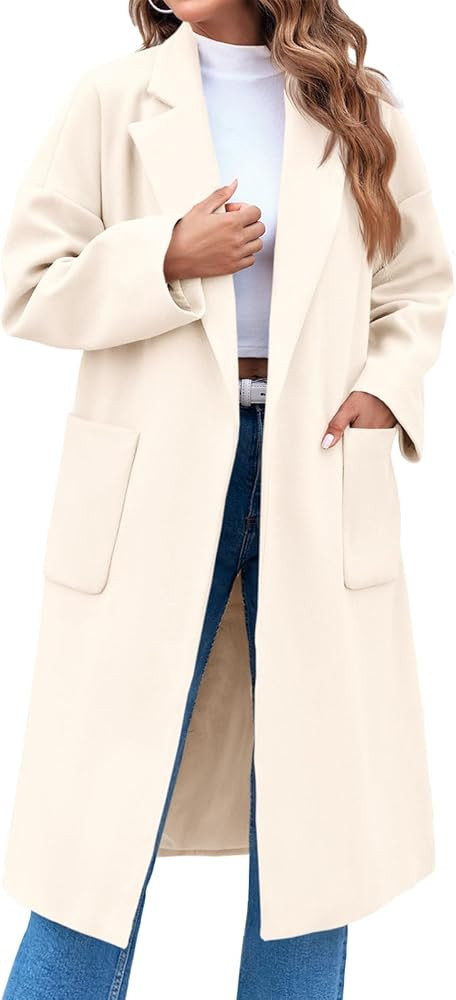 FSHAOES Womens Lapel Collar Pea Coat Open Front Overcoat Belted Long Jacket Outerwear | Amazon (US)