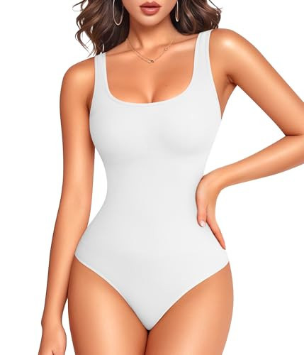 LODAY White Bodysuit Women Scoop Neck Body Suits Sleeveless Double Lined Bodysuit Tank Top（Medium,White | Amazon (US)