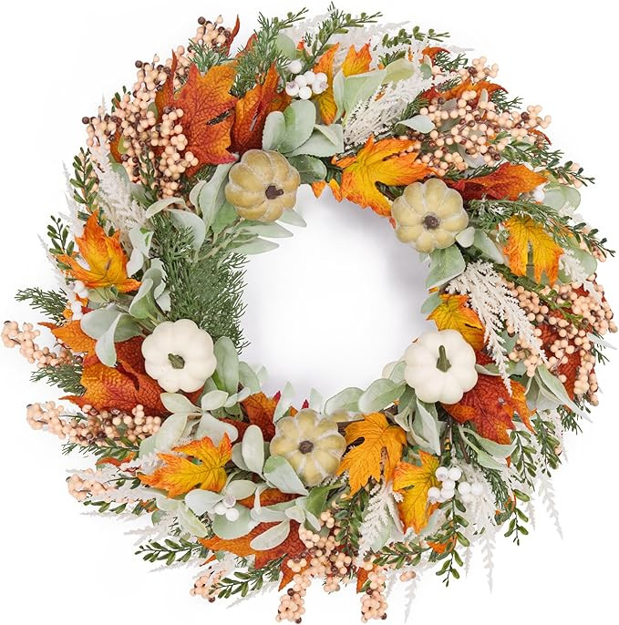 GENMOUS 24inch Fall Wreaths for Front Door, Maple Leaves Autumn Wreath Eucalyptus Berries Pumpkin... | Amazon (US)