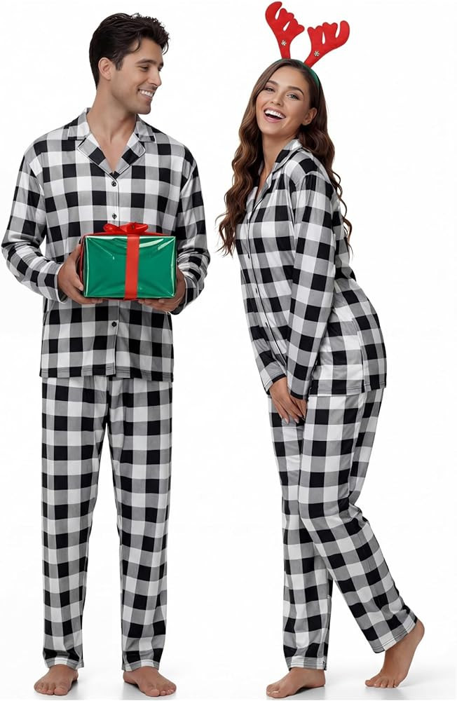 Hillban Couple Matching Christmas Pajamas Set Family Black White Plaid Buffalo Pajamas Button Lon... | Amazon (US)