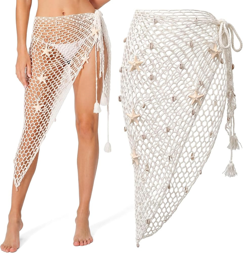 Swimwear Crochet Cover-up Skirt with Starfish for Women Mermaid Fishnet Skirt with Seashells Whit... | Amazon (US)
