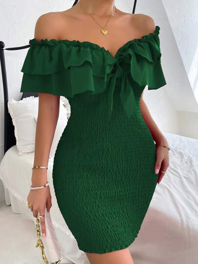 Tie Front Off Shoulder Ruffle Trim Shirred Bodycon Dress SKU: sw2207051983955688(1000+ Reviews)$1... | SHEIN