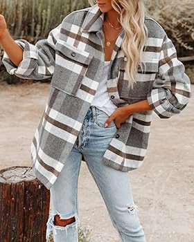 Women's Brushed Plaid Shirts Long Sleeve Flannel Lapel Button Down Pocketed Shacket Jacket Coats | Amazon (US)
