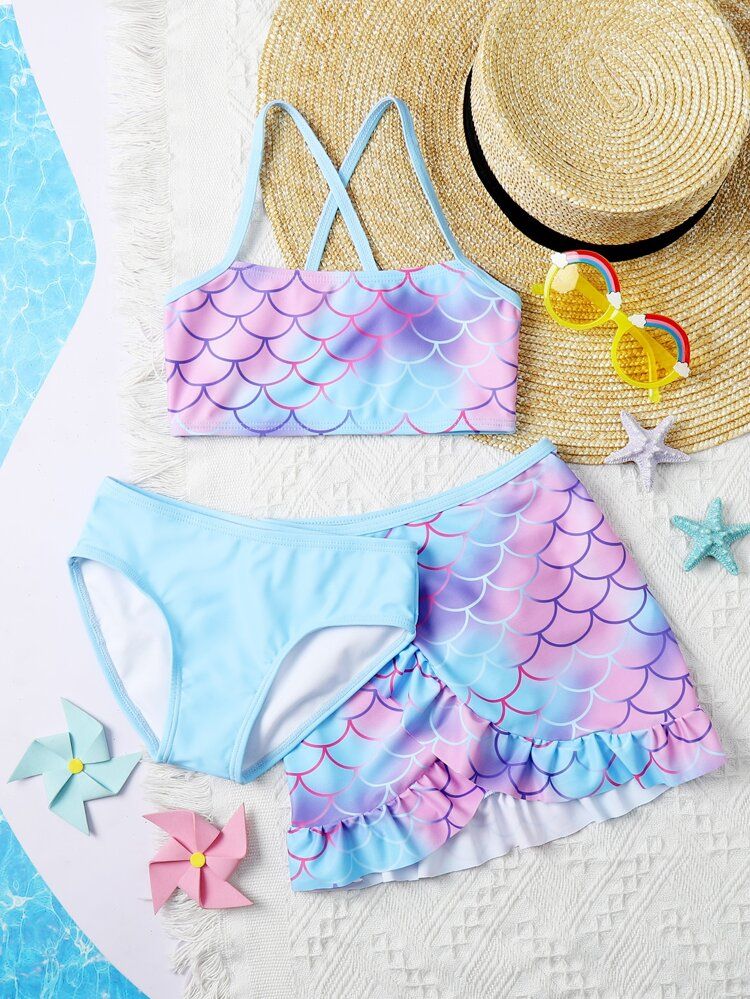 3pack Toddler Girls Fish Scale Print Cross Bikini Swimsuit & Beach Skirt | SHEIN