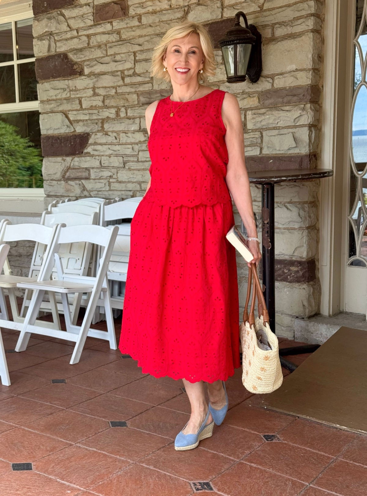 Red, eyelet and a little denim… I’m loving this combination! ❤️ This matching eyelet set from Talbots feels so fresh and feminine, and the denim espadrilles add just the right amount of casual to keep it feeling effortless. The perfect summer outfit when you want to make a statement without overthinking it! ☀️

#LTKSeasonal #LTKOver40 #LTKootd
