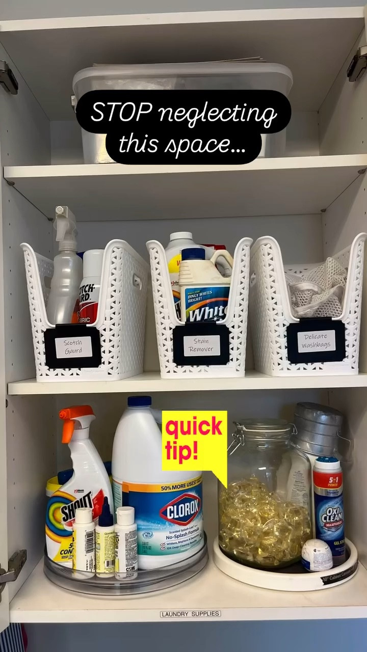 ⏰set a timer for 30 minutes and give the laundry room some love! Throw away any trash or empty bottles, wipe down any spills. Top it off with a turntable & a few containers to add some extra sauce. I love using a container that’s on a higher shelf. This allows you to reach the basket and pull it down without spilling. 
.
.
.
#savannahorganizer #laundryroom
#homeorganizer #houseofvon #professionalorganizer #savannah #declutter #professionalorganizing  #organization #organizedlife #closetgoals #ordernotperfection 
#lessismore 
#organizedmove
#loveyourhome #laundryroomhacks

#LTKFamily #LTKHome #LTKSeasonal