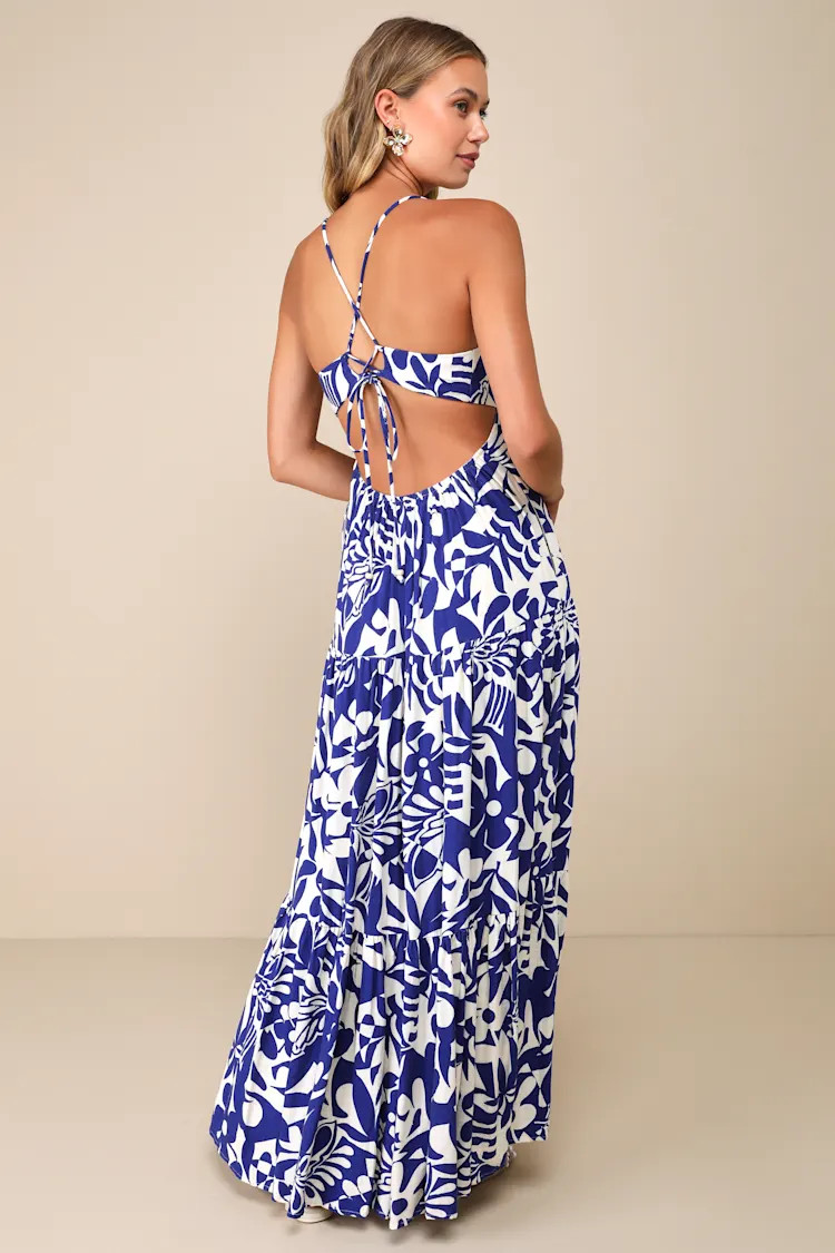 Mykonos Memories Blue and Ivory Abstract Maxi Dress With Pockets | Lulus