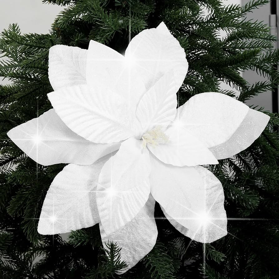 4 Pcs 16'' White Poinsettia Flowers Christmas Artificial Extra Large Velvet Christmas Flowers Gli... | Amazon (US)