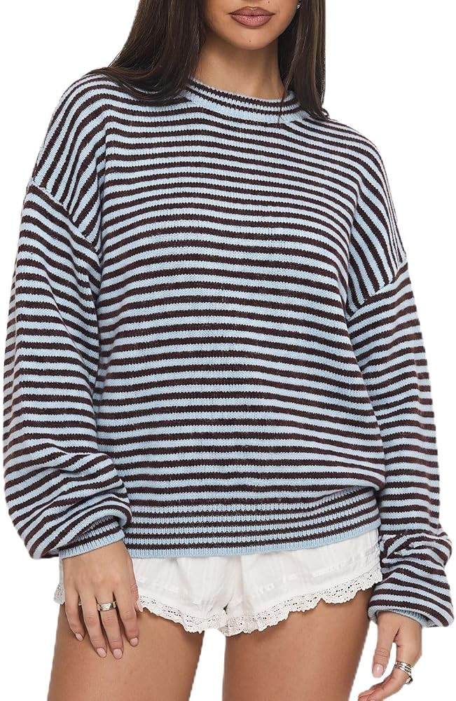 QINSEN Women's Crewneck Oversized Sweater Striped Long Sleeve Pullover Top | Amazon (US)