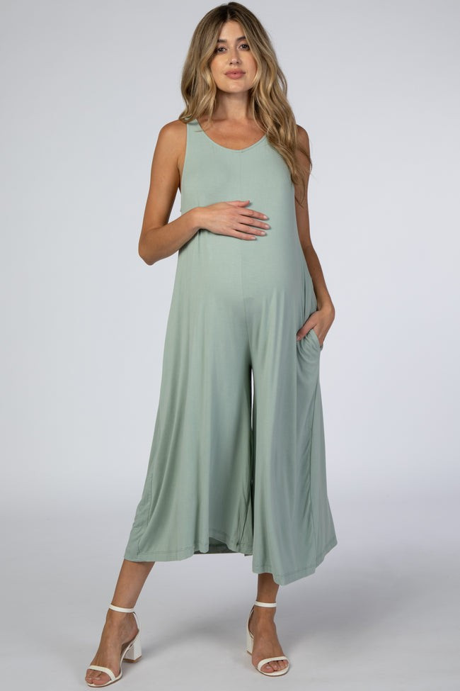 Light Mint Basic Cropped Wide Leg Maternity Jumpsuit | PinkBlush Maternity