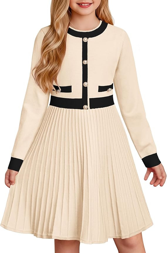 GRACE KARIN Girls Sweater Fall Dress Long Sleeve Knit A Line Contrast Casual Winter Dresses 6-14Y | Amazon (US)