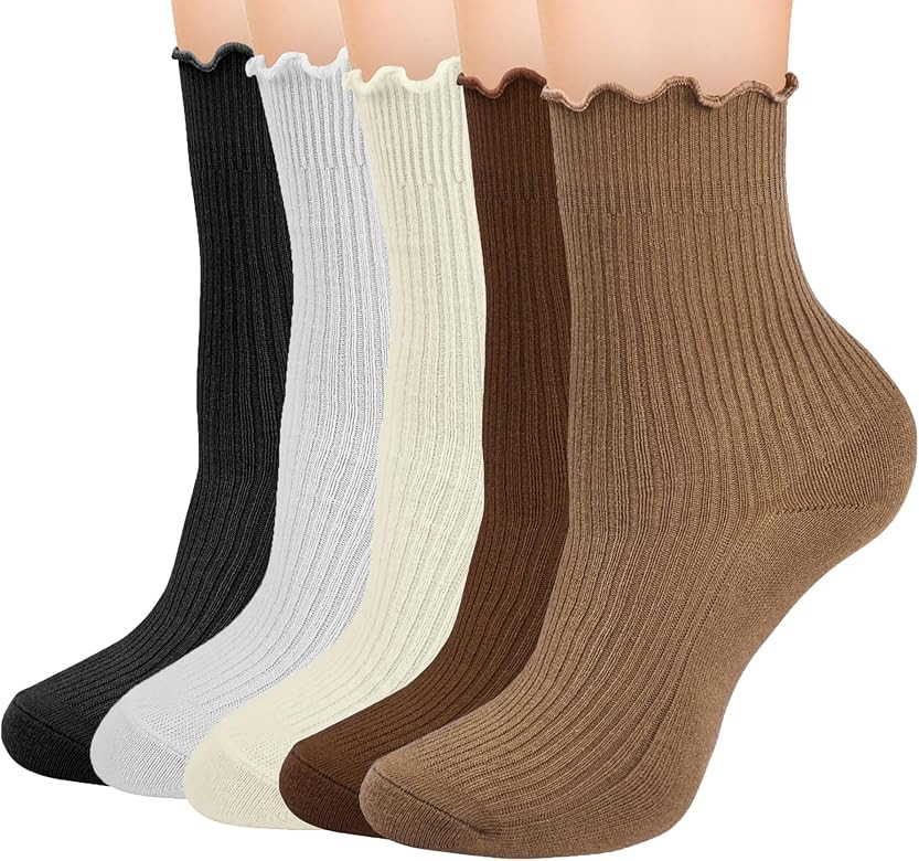 Womens Ruffle Cute Socks: 5 Pairs Lettuce Edge Socks - Crew Mid Calf Socks Pairs with Sneakers | Amazon (US)