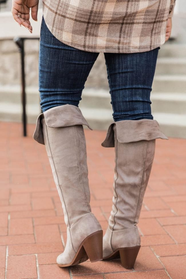 Deborah Taupe Fold Over Knee High Boots | The Pink Lily Boutique