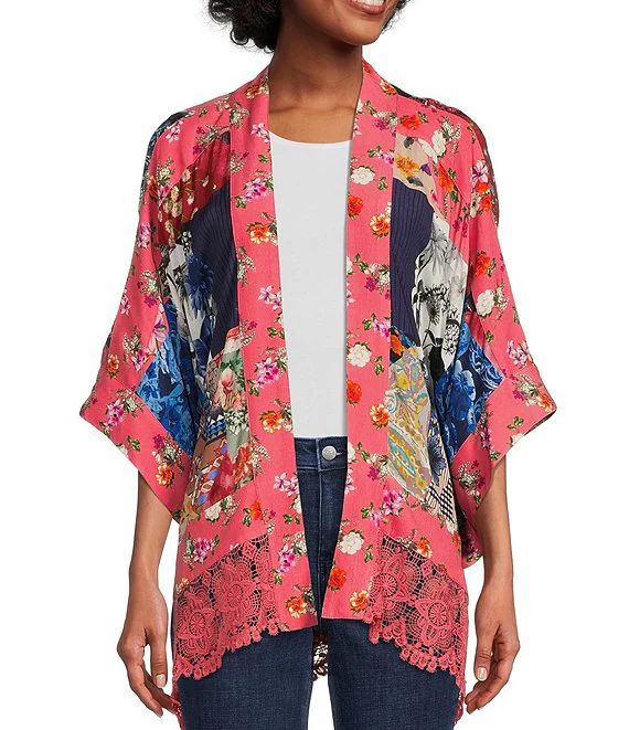 3/4 Sleeve Floral Mixed Print Open Front Lace Trim Kimono | Dillards