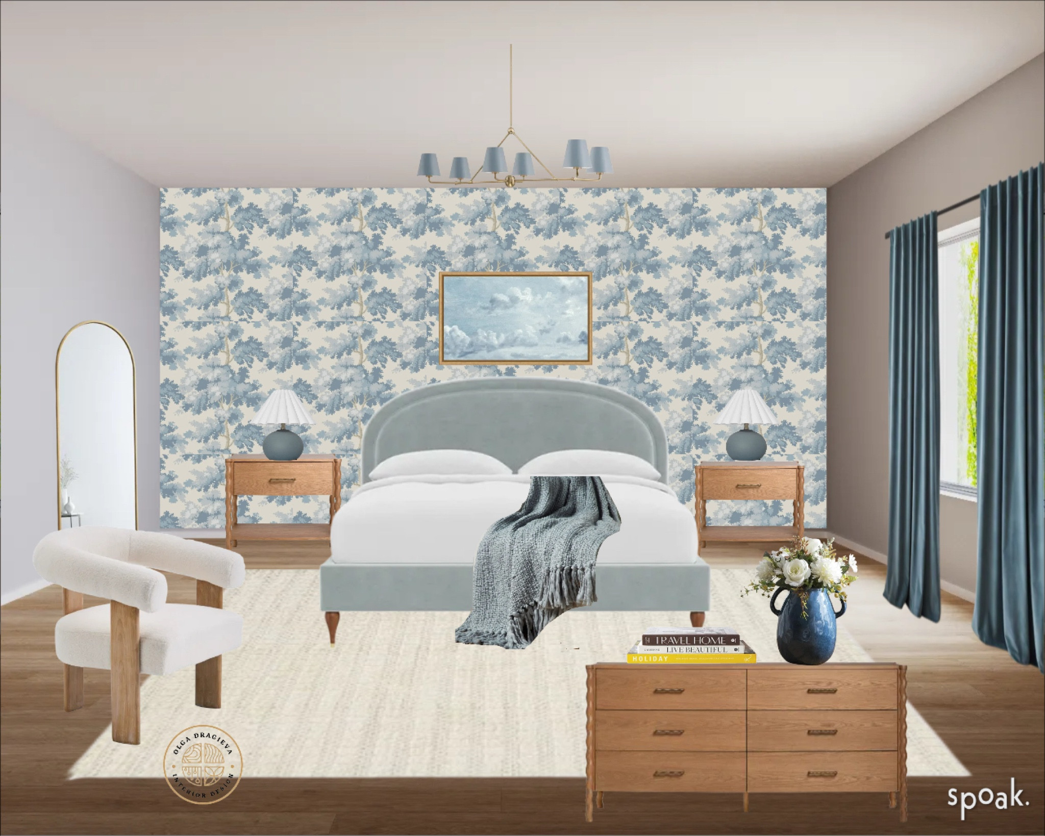 Blue & white bedroom design/moodboard, beautiful blue wallpaper, affordable white accent chair, blue queen bed frame, blue velvet curtains, neutral rug, blue chandelier, affordable blue vase, blue table lamps, blue wall art, gorgeous dresser and nightstands. #homedecor #bedroomdesign 