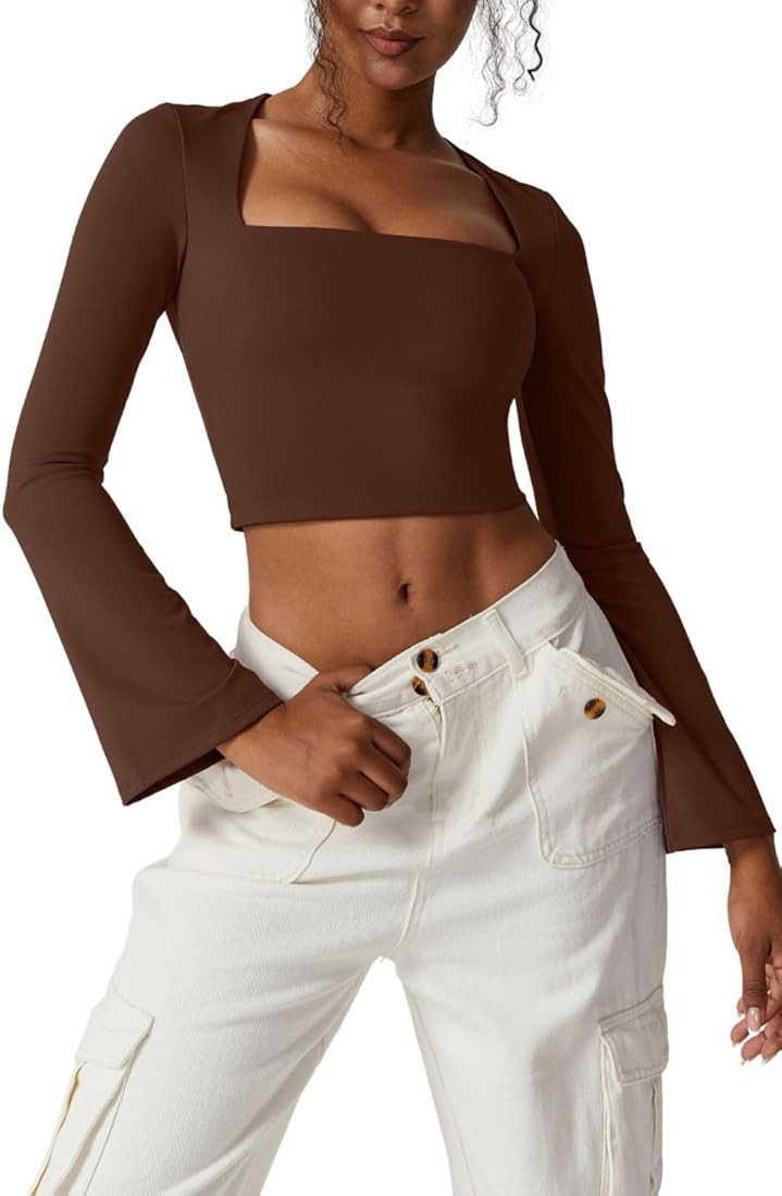 Women's Flare Sleeve Crop Tops Sexy Square Neck Long Sleeve Shirts Stretchy Bell Sleeve Top | Amazon (US)