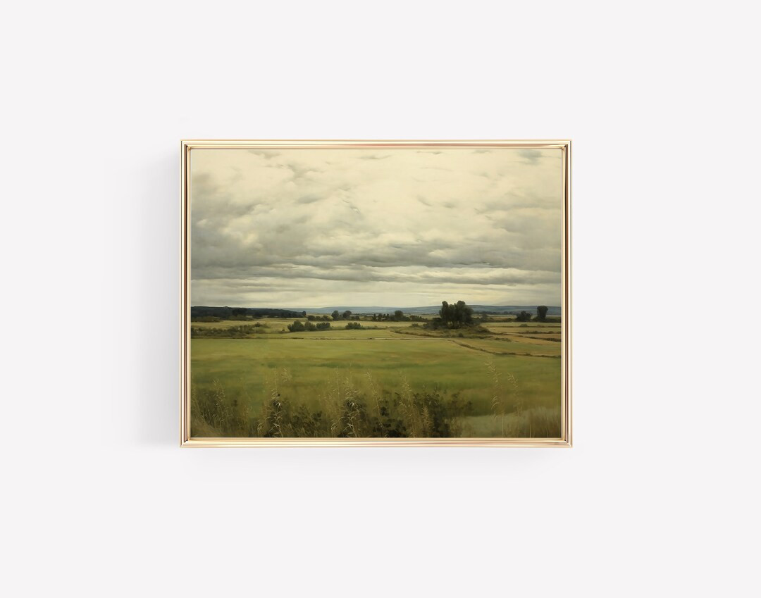 Grassy Field Landscape Water Edge Tree Neutral Vintage Digital Print Landscape Painting Modern Vi... | Etsy (US)