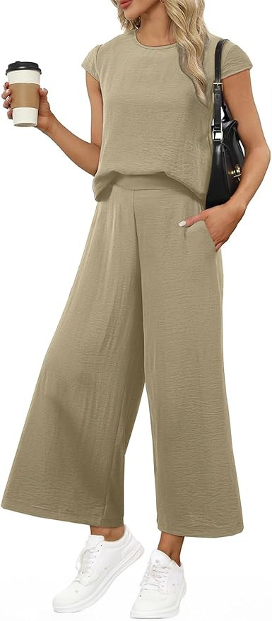 Women's Summer 2 Piece Outfits Fashion 2025 Cap Sleeve Top and Wide Leg Pants Matching Set Vacati... | Amazon (US)
