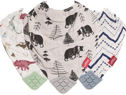 Nuby Reversible 100% Natural Cotton Muslin 3 Piece Teething Bib, Green/Grey/Blue, Dinosaur/Bear/S... | Amazon (US)