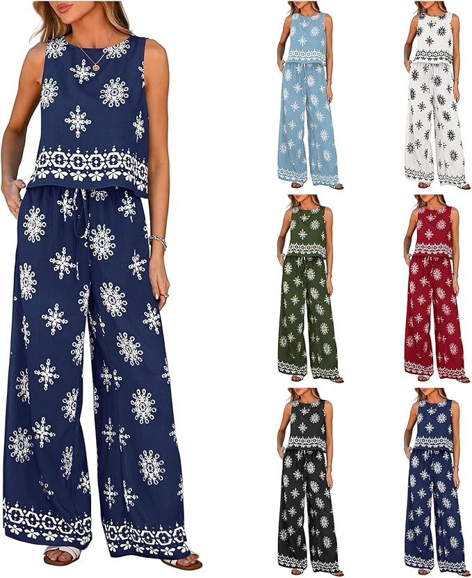 Womens Sets 2 Piece Outfits Summer Floral Vacation Lounge Set Boho Crewneck Tank Tops Wide Leg Pa... | Amazon (US)