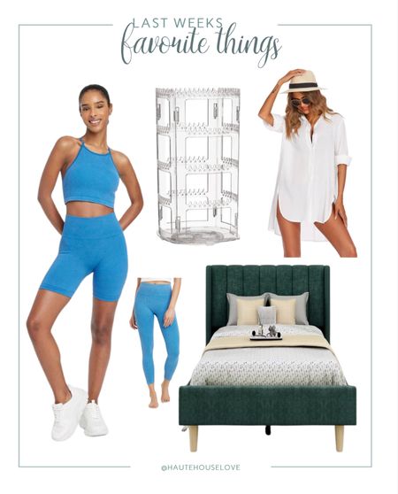 Last weeks favorite things. Ribbed workout set. Swimsuit cover up. Earring organizer and the green velvet bed in my little boys bedroom. 